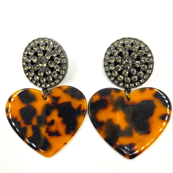 EXPRESS Fashion Earrings Chrome Rhinestones Tortoise Shell Heart - Picture 1 of 4